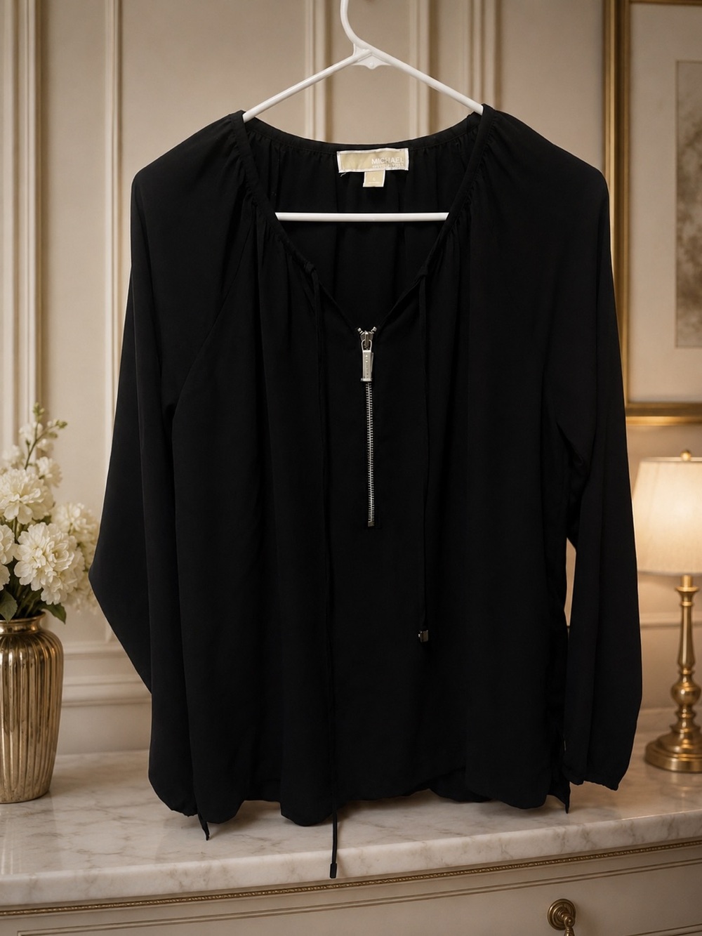 Michael Kors Black Long-Sleeve Zip-Front Blouse